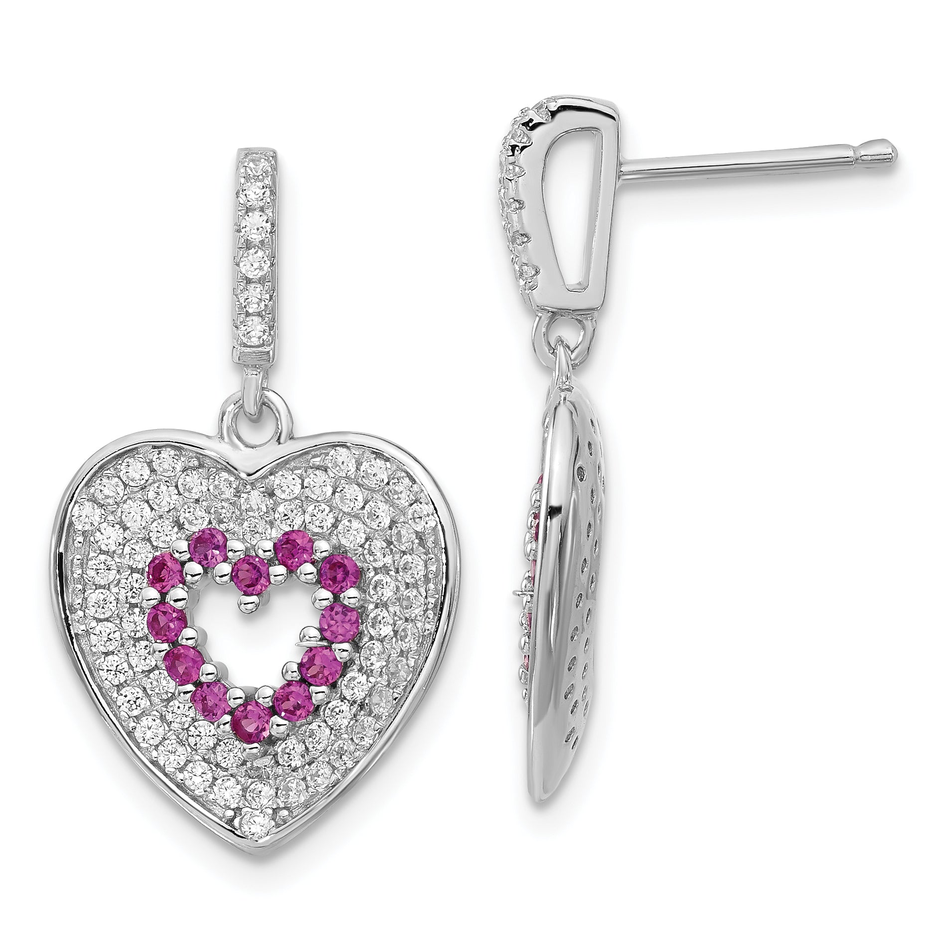 Sterlingsilber Brillant Glut Rosa & Klar Zirkonia Herz Hängend Ohrstecker