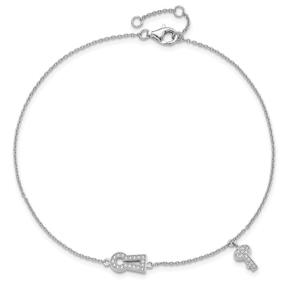 Sterlingsilber Brillant Glut Rhodiniert 30 Stein 9 Zoll Mikro Pavé Zirkonia Schloss Key Fußkettchen mit 1 Verlängerung