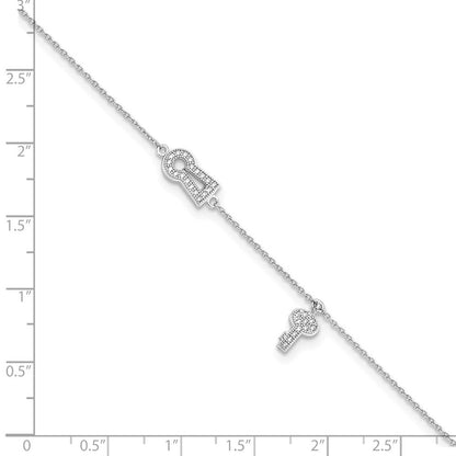 Sterlingsilber Brillant Glut Rhodiniert 30 Stein 9 Zoll Mikro Pavé Zirkonia Schloss Key Fußkettchen mit 1 Verlängerung