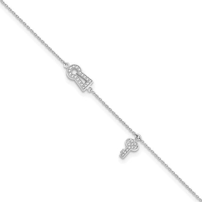 Sterlingsilber Brillant Glut Rhodiniert 30 Stein 9 Zoll Mikro Pavé Zirkonia Schloss Key Fußkettchen mit 1 Verlängerung