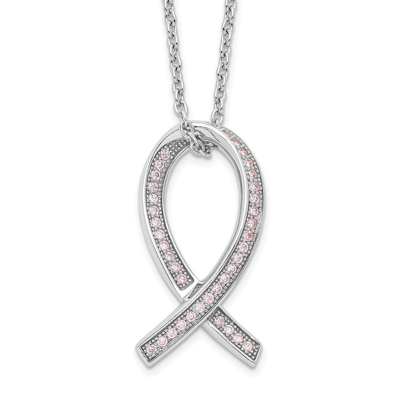Sterlingsilber Brillant Glut Rhodiniert 38 Stein 18 Zoll Mikro Pavé Rosa Zirkonia Bewusstsein Schleife Halskette mit 2 Verlängerung