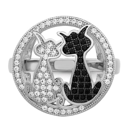 Sterlingsilber Brillant Glut Rhodiniert 87 Stein Mikro Pavé Schwarz und Weiß Zirkonia Poliert Katze Ring