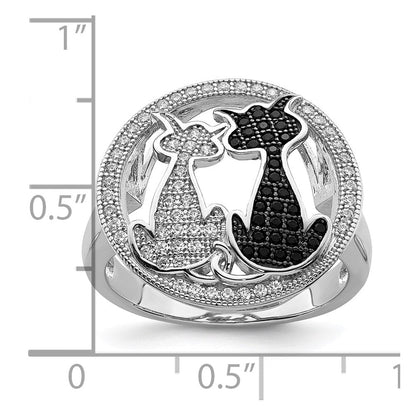Sterlingsilber Brillant Glut Rhodiniert 87 Stein Mikro Pavé Schwarz und Weiß Zirkonia Poliert Katze Ring