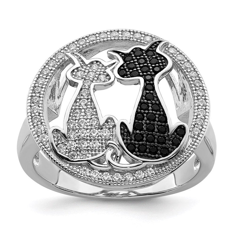 Sterlingsilber Brillant Glut Rhodiniert 87 Stein Mikro Pavé Schwarz und Weiß Zirkonia Poliert Katze Ring