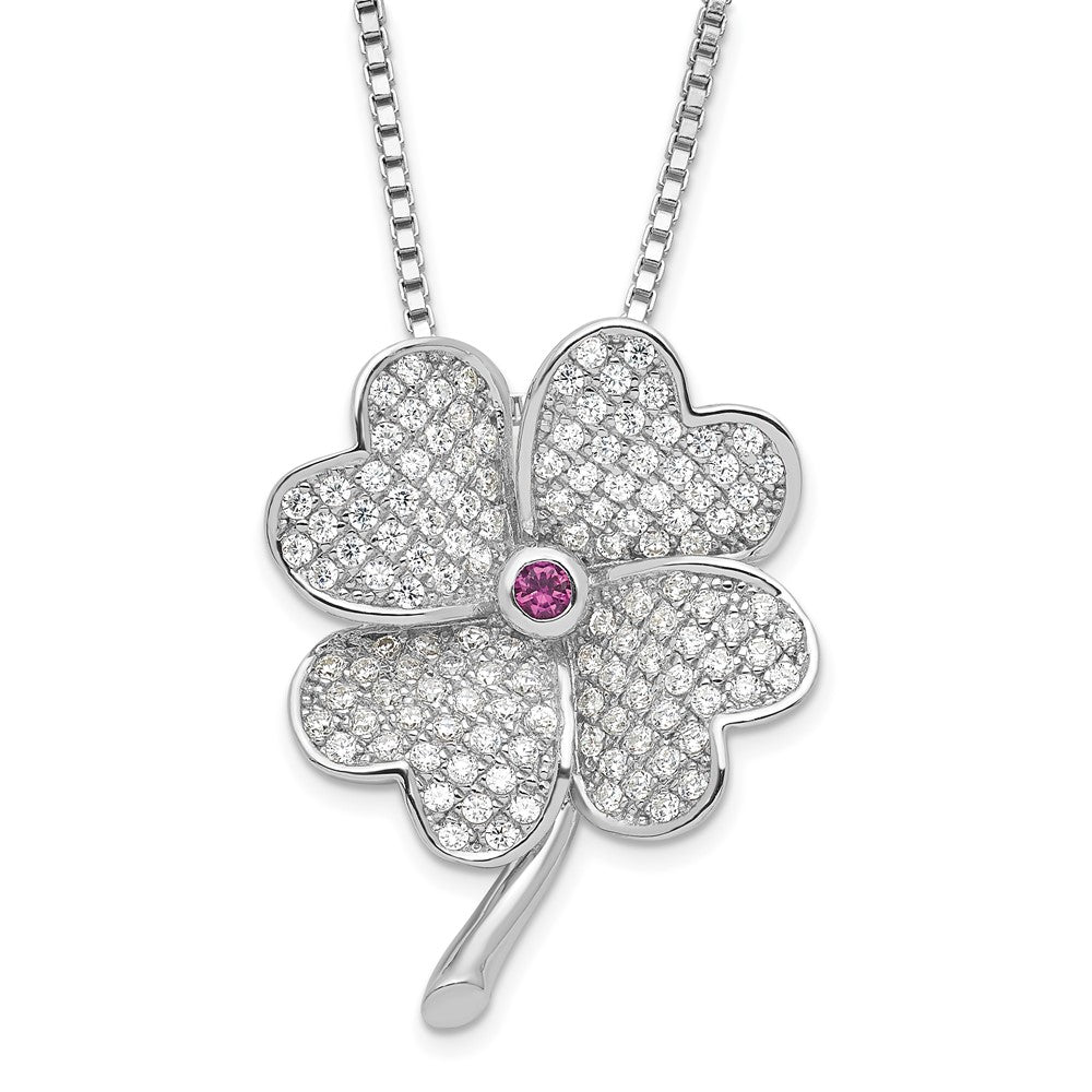 Sterlingsilber Rhodium Zirkonia & Rot Corundum Vier Blatt Klee Halskette