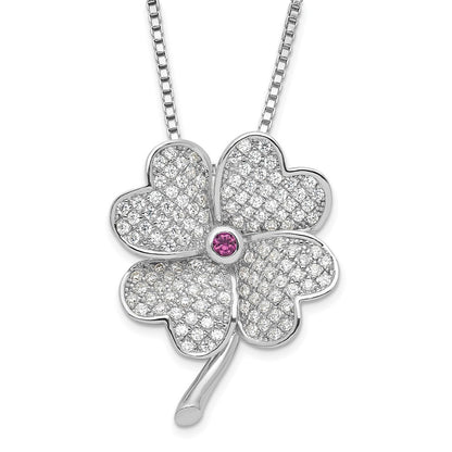 Sterlingsilber Rhodium Zirkonia & Rot Corundum Vier Blatt Klee Halskette