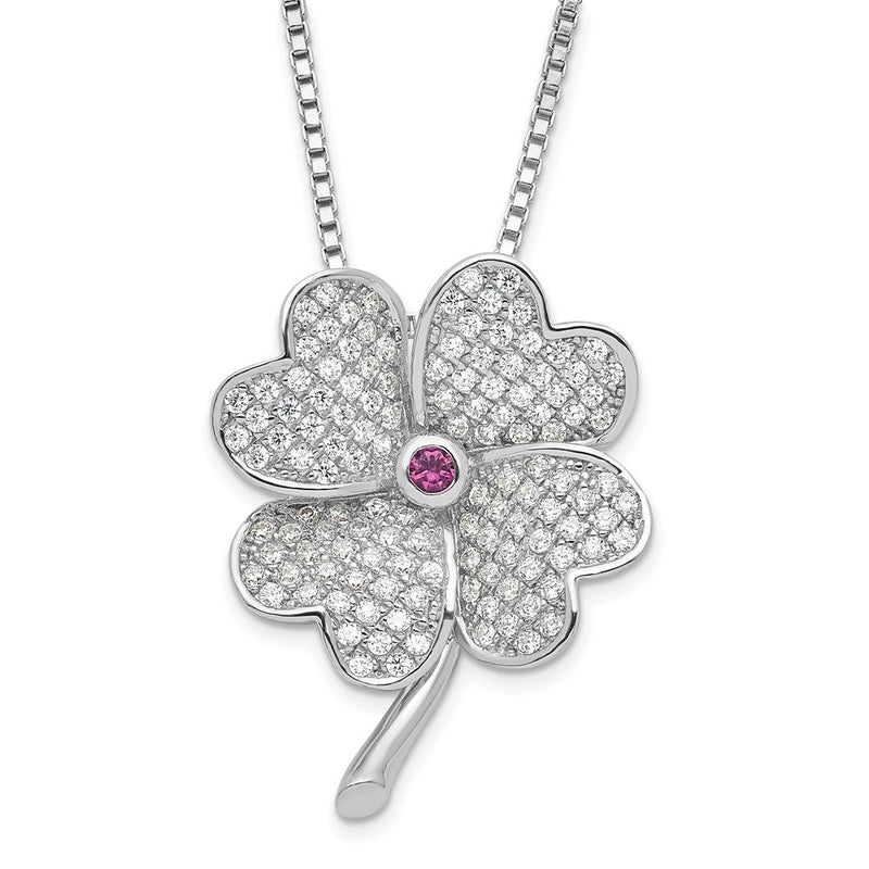 Sterlingsilber Rhodium Zirkonia & Rot Corundum Vier Blatt Klee Halskette