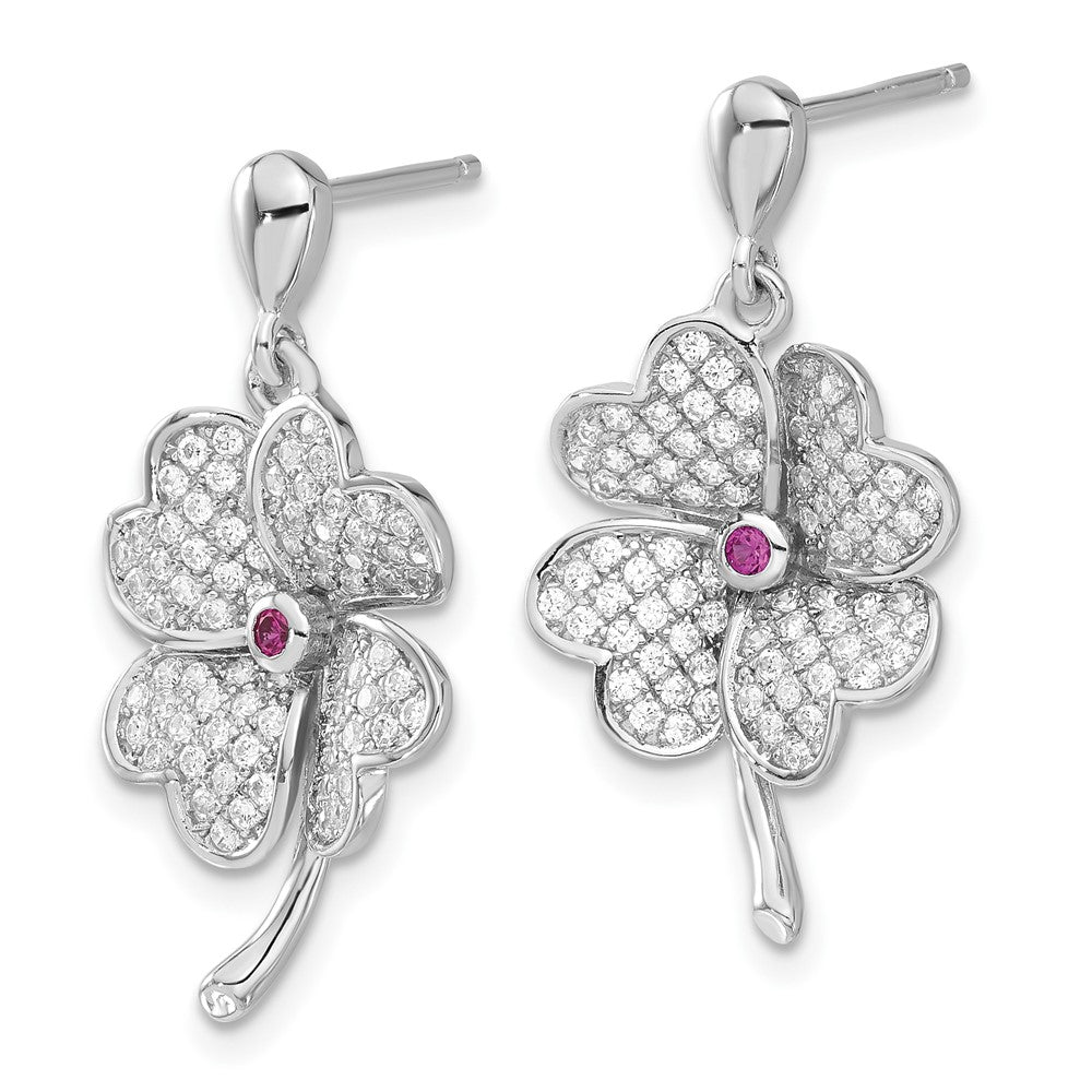 Sterlingsilber Rhodiniert Zirkonia & Rot Corundum Vier Blatt Klee Ohrringe
