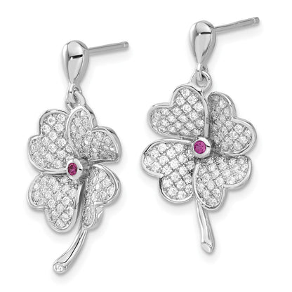Sterlingsilber Rhodiniert Zirkonia & Rot Corundum Vier Blatt Klee Ohrringe