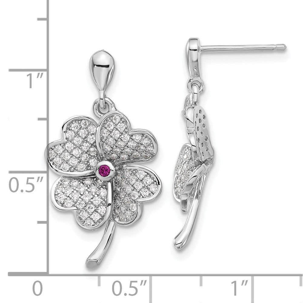 Sterlingsilber Rhodiniert Zirkonia & Rot Corundum Vier Blatt Klee Ohrringe