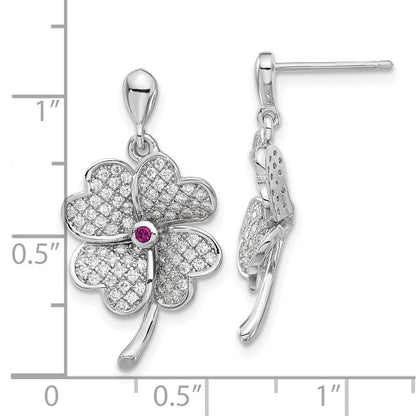Sterlingsilber Rhodiniert Zirkonia & Rot Corundum Vier Blatt Klee Ohrringe