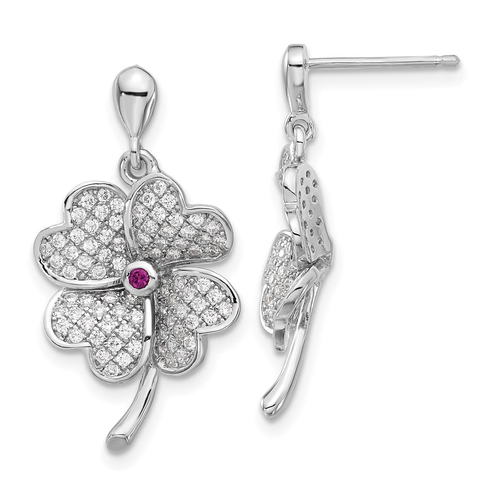 Sterlingsilber Rhodiniert Zirkonia & Rot Corundum Vier Blatt Klee Ohrringe