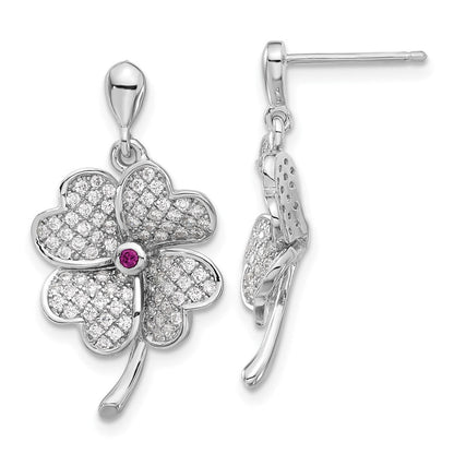 Sterlingsilber Rhodiniert Zirkonia & Rot Corundum Vier Blatt Klee Ohrringe