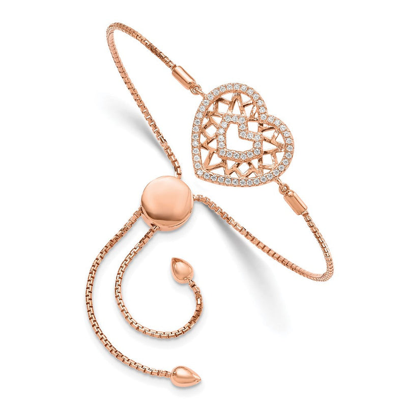 Sterlingsilber Brillant Glut Roséfarben Glanz Rose Vergoldet 60 Stein Filigran Zirkonia Herz Verstellbar Armband