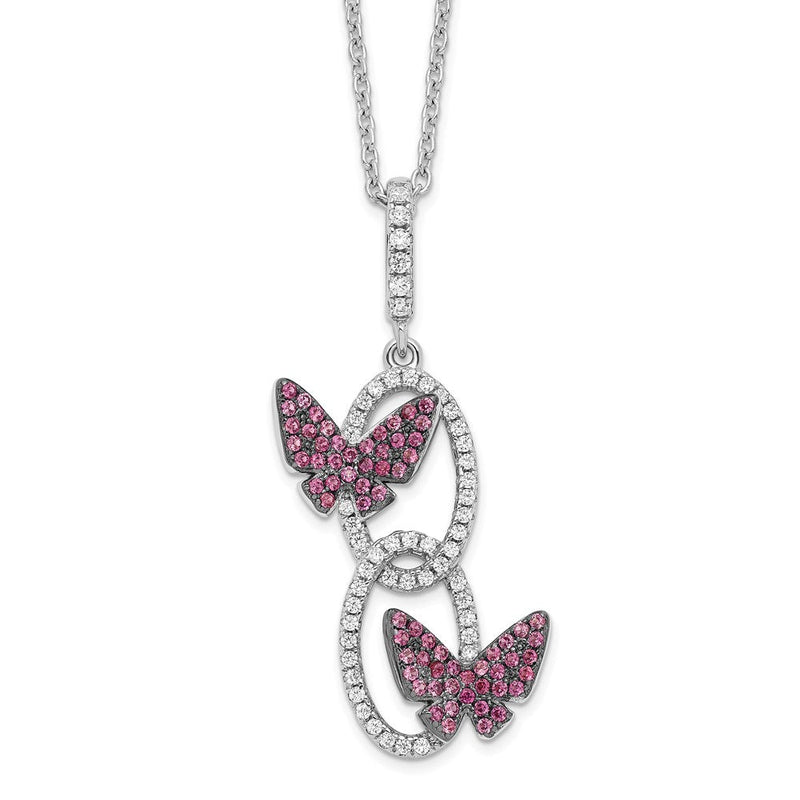 Sterlingsilber Brillant Glut Rhodiniert 18 Zoll Weiß Zirkonia Ovals mit Rot Butterflies Halskette 2 Verlängerung
