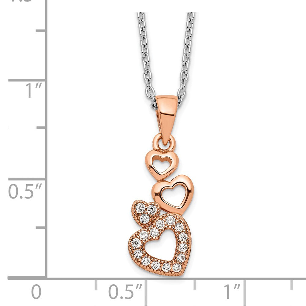 Sterlingsilber Brillant Glut Roséfarben Glanz Rose Vergoldet 17 Stein 18 Zoll Zirkonia Vier Linked Herzen Halskette mit 2 Verlängerung