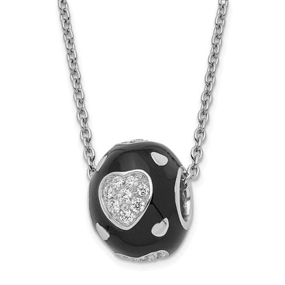 Sterlingsilber Schwarz Emaille & Zirkonia True Feuer Herzen Perle Halskette