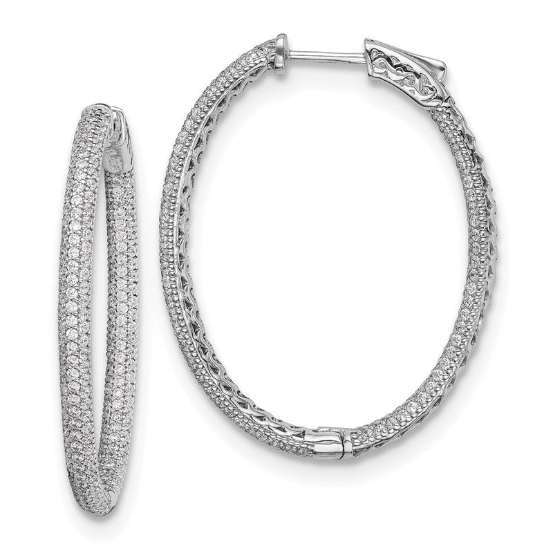 Sterlingsilber Schimmernd Rhodiniert 400 Stein Pavé 1.1mm Zirkonia in und Außen Oval Klappbar Creolen