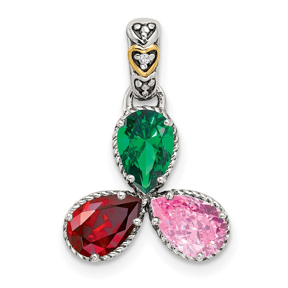 Sterlingsilber Antikisiert mit 14K/silver Bicolor 3-stone mit Diamant Mutter Anhänger