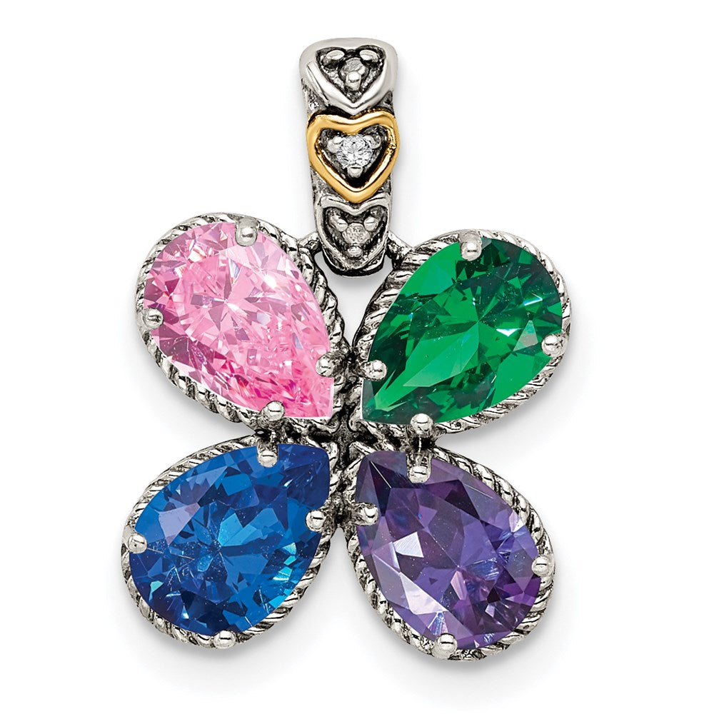 Sterlingsilber Antikisiert mit 14K/silver Bicolor 4-stone mit Diamant Mutter Anhänger