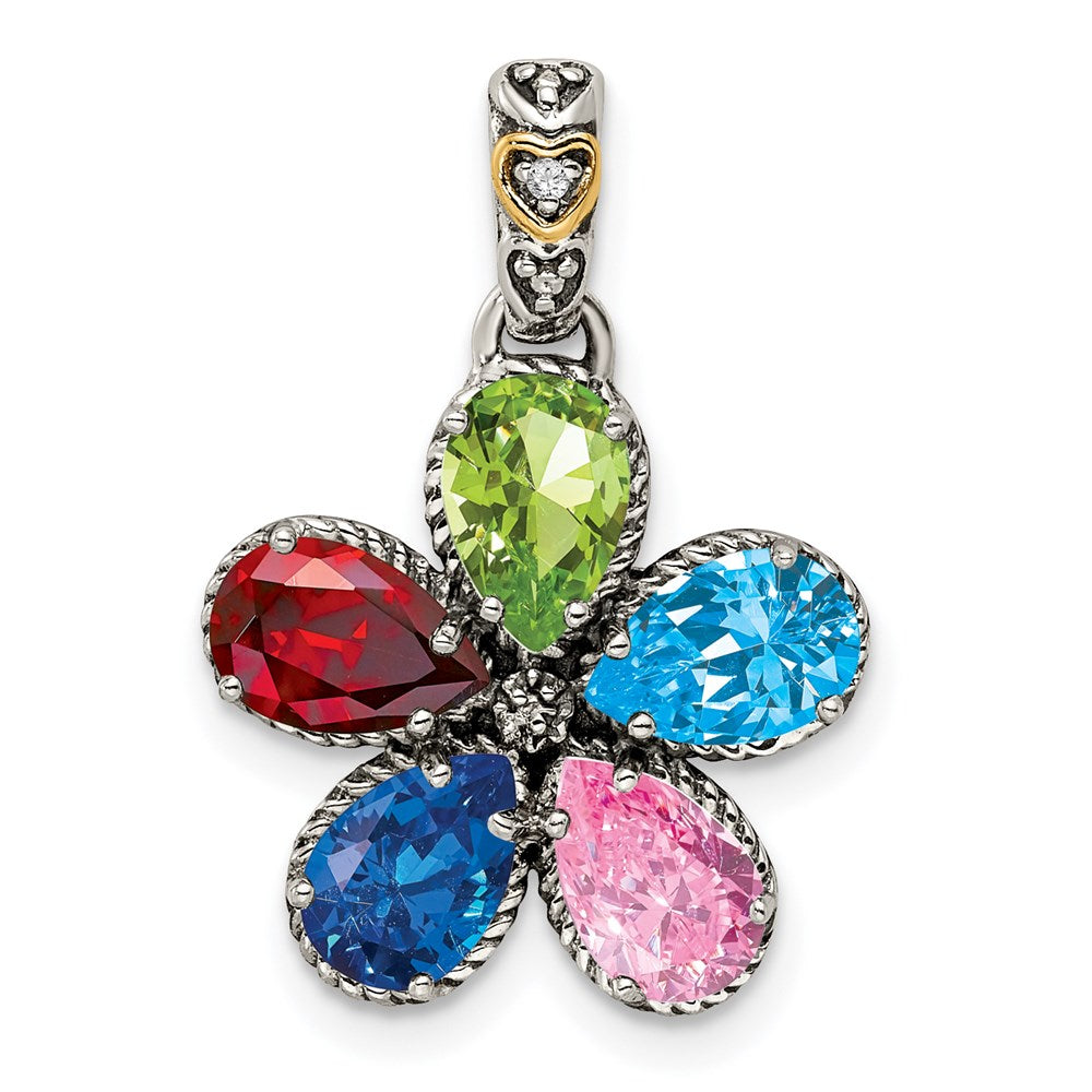 Sterlingsilber Antikisiert mit 14K/silver Bicolor 5-stone mit Diamant Mutter Anhänger