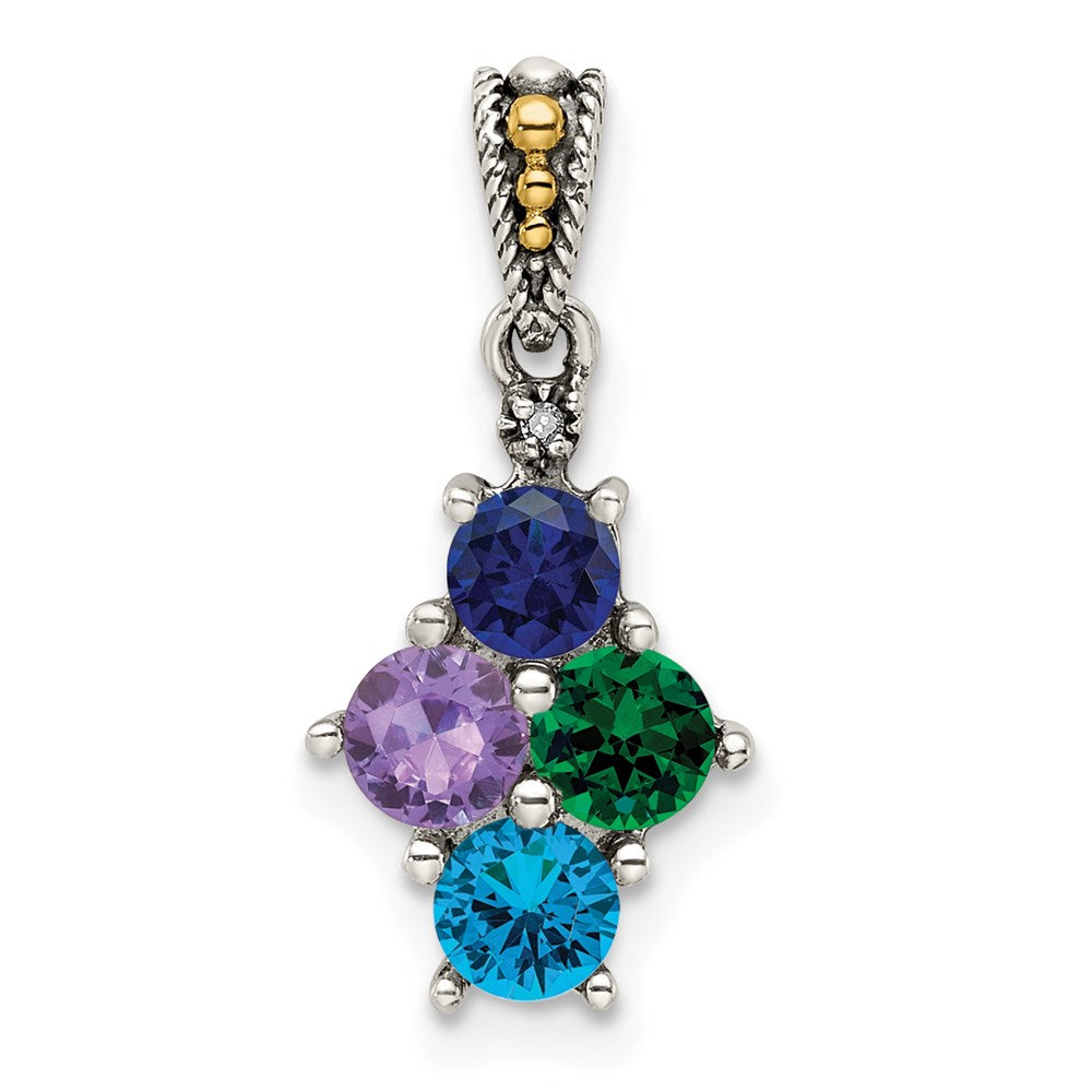 Sterlingsilber Antikisiert mit 14K/silver Bicolor 4-stone mit Diamant Mutter Anhänger