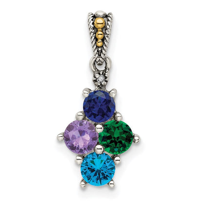 Sterlingsilber Antikisiert mit 14K/silver Bicolor 4-stone mit Diamant Mutter Anhänger