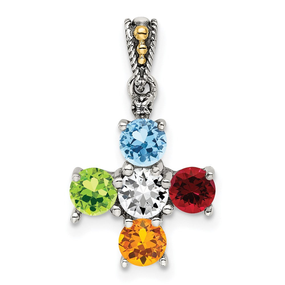 Sterlingsilber Antikisiert mit 14K/silver Bicolor 5-stone mit Diamant Mutter Anhänger