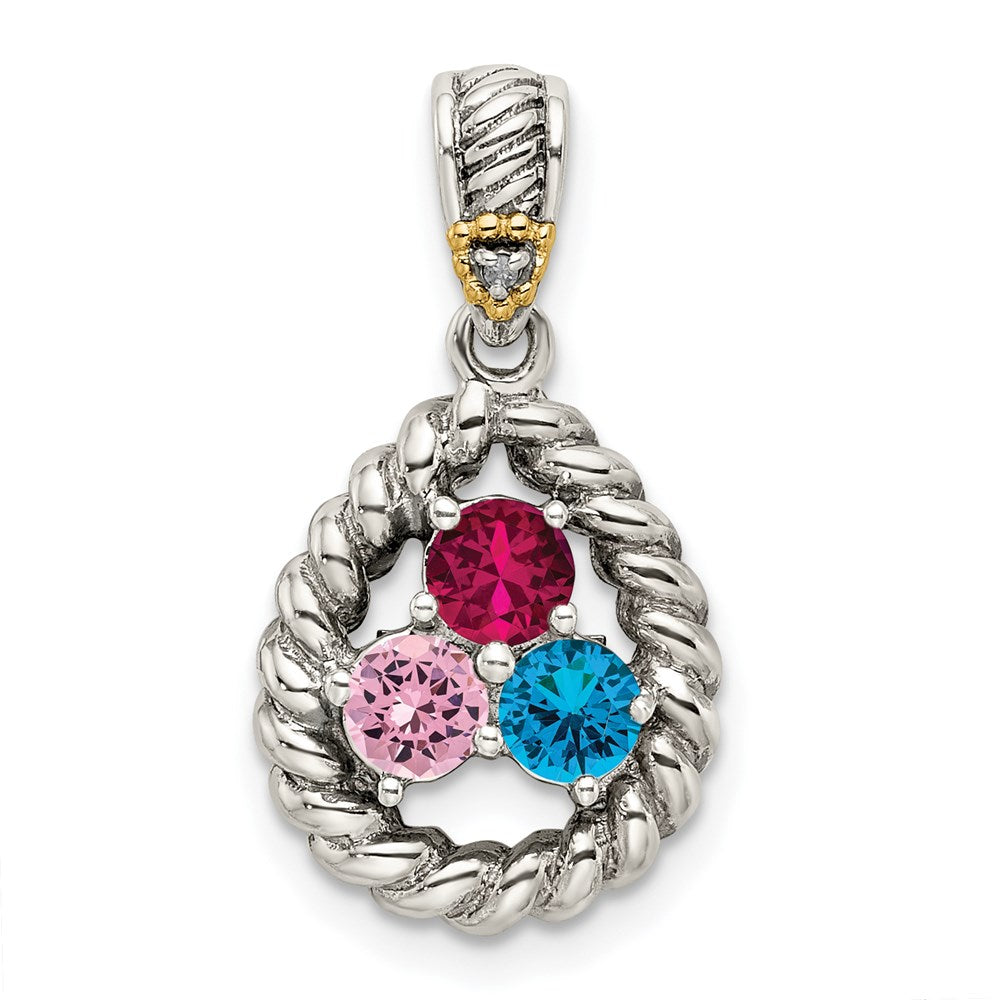 Sterlingsilber Antikisiert mit 14K/silver Bicolor 3-stone mit Diamant Mutter Anhänger