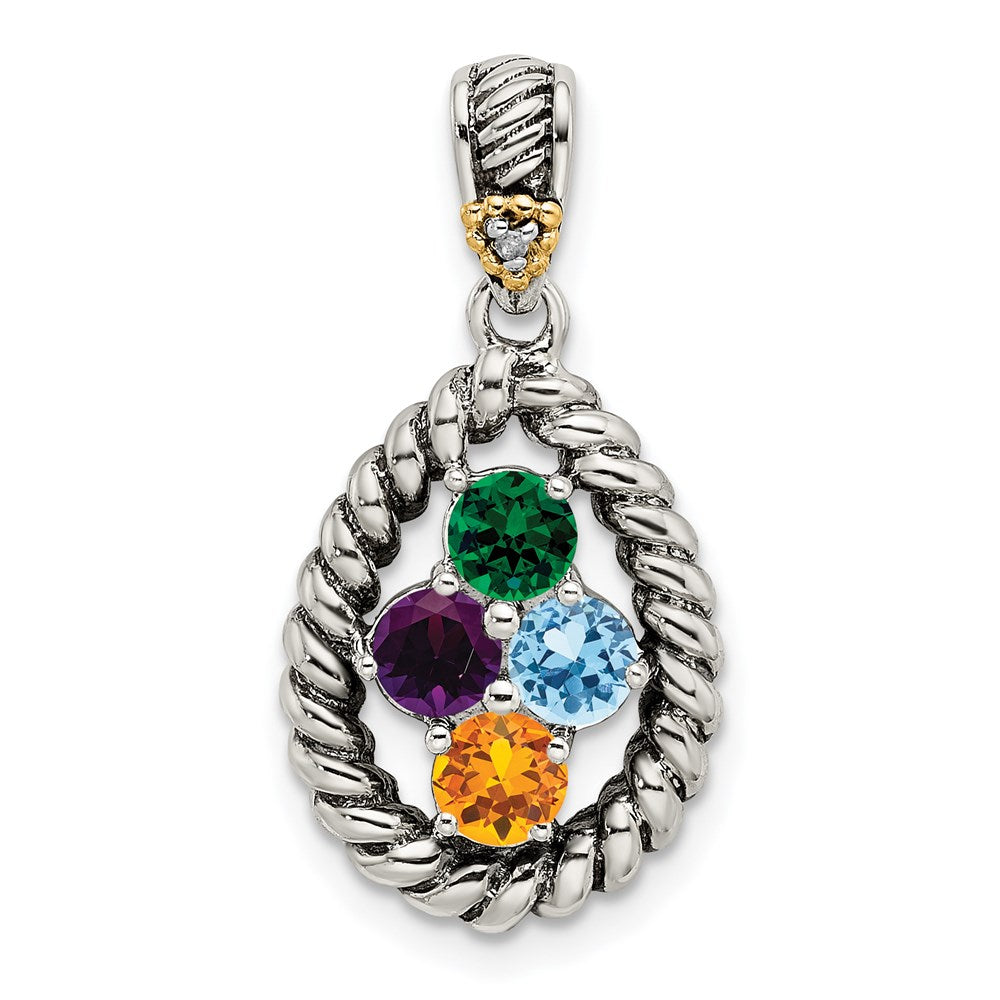 Sterlingsilber Antikisiert mit 14K/silver Bicolor 4-stone mit Diamant Mutter Anhänger