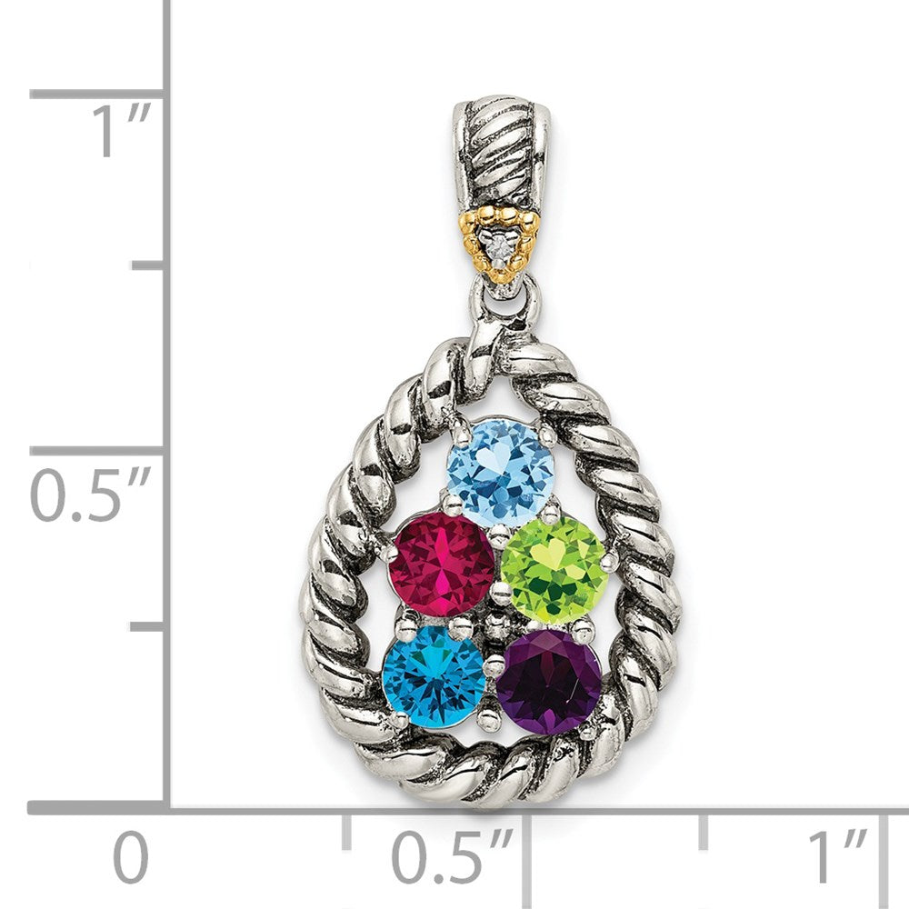 Sterlingsilber Antikisiert mit 14K/silver Bicolor 5-stone mit Diamant Mutter Anhänger