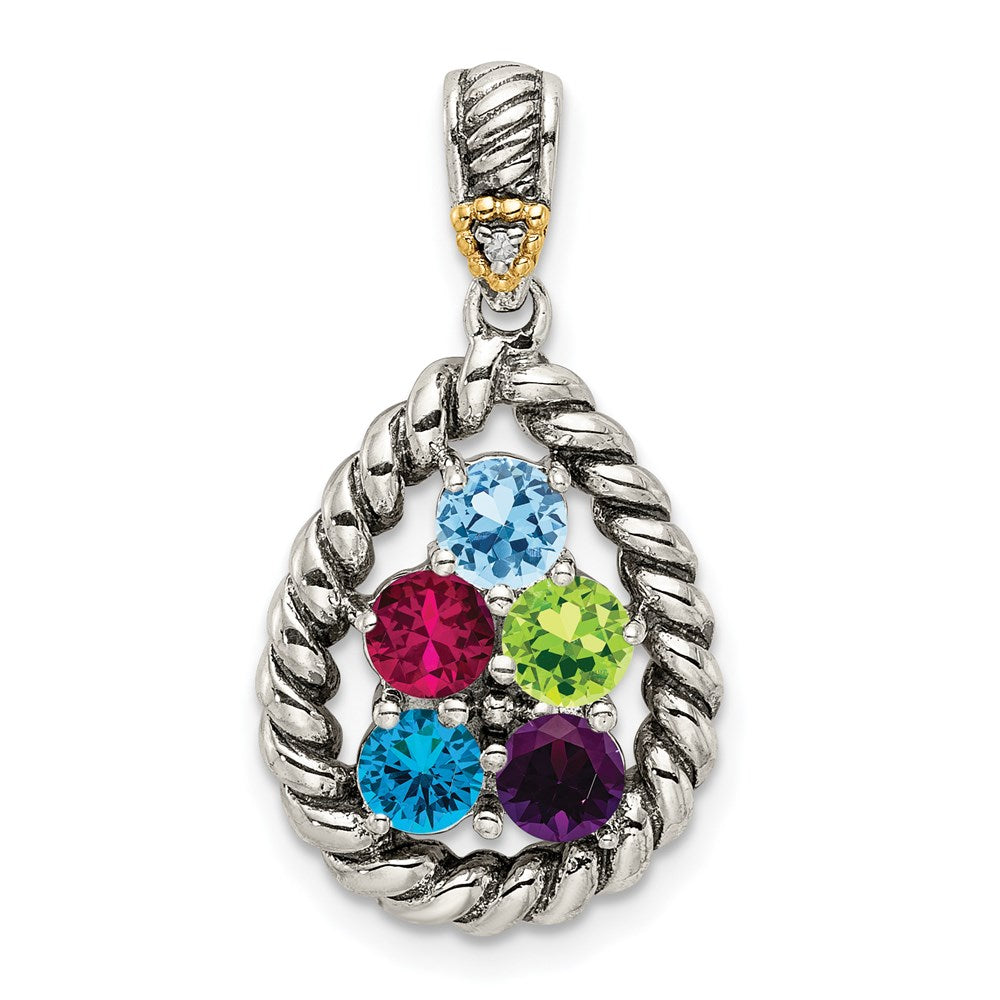 Sterlingsilber Antikisiert mit 14K/silver Bicolor 5-stone mit Diamant Mutter Anhänger