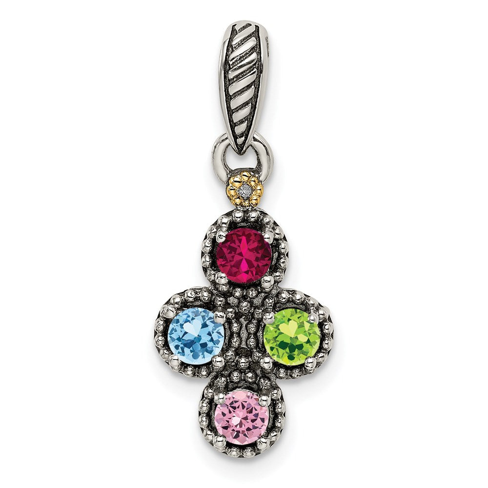 Sterlingsilber Antikisiert mit 14K/silver Bicolor 4-stone mit Diamant Mutter Anhänger