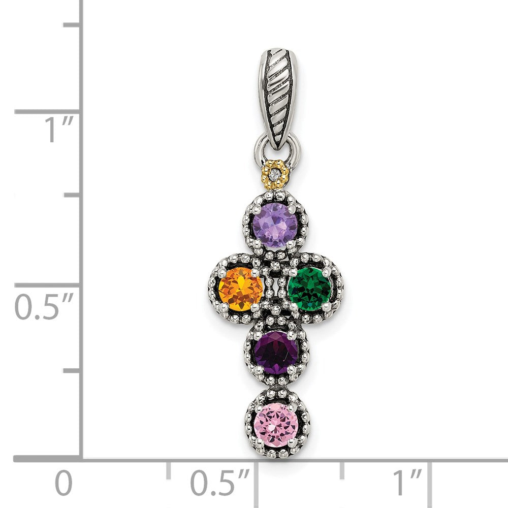 Sterlingsilber Antikisiert mit 14K/silver Bicolor 5-stone mit Diamant Mutter Anhänger