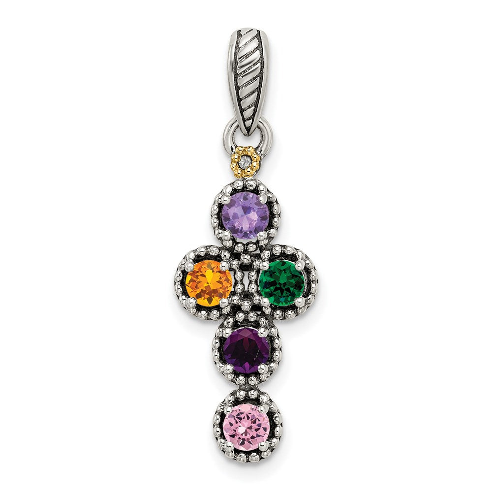 Sterlingsilber Antikisiert mit 14K/silver Bicolor 5-stone mit Diamant Mutter Anhänger