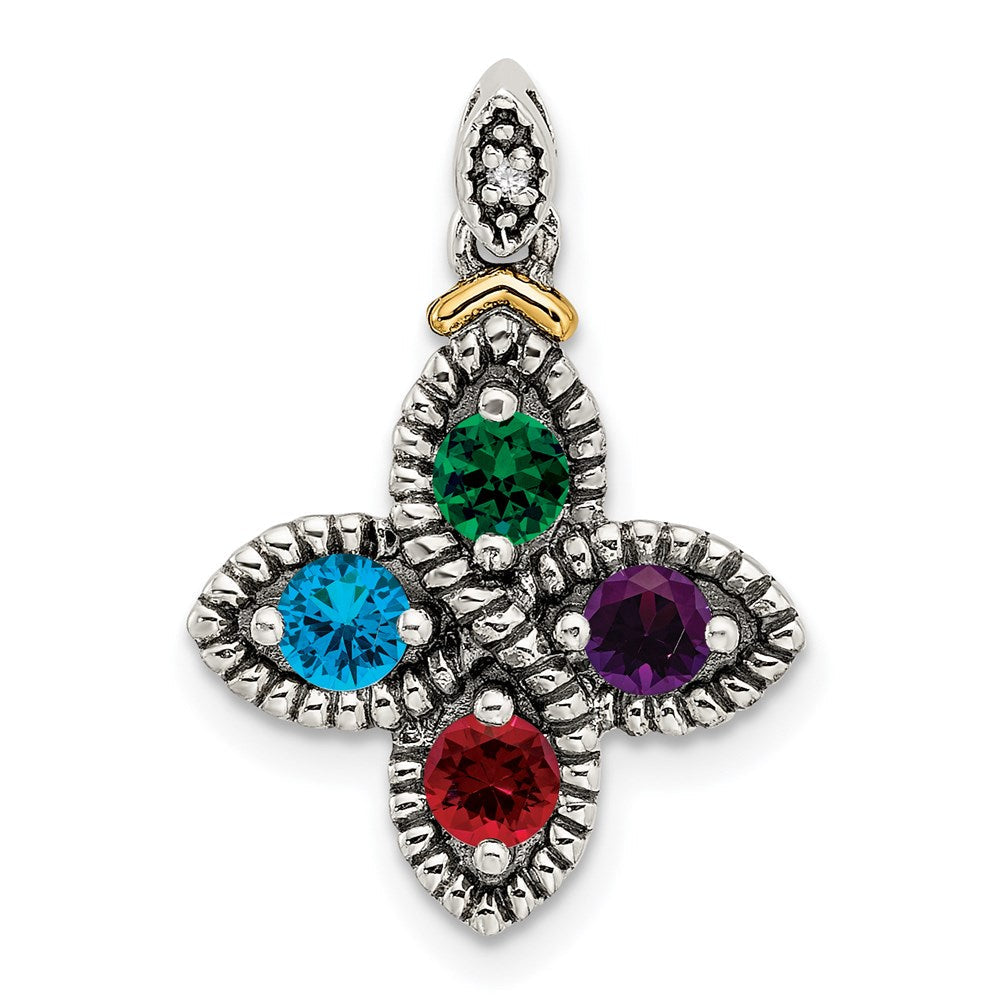Sterlingsilber Antikisiert mit 14K/silver Bicolor 4-stone mit Diamant Mutter Anhänger