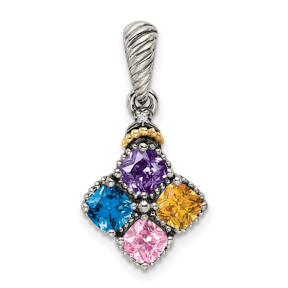 Sterlingsilber Antikisiert mit 14K/silver Bicolor 4-stone mit Diamant Mutter Anhänger