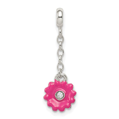 Sterlingsilber Rosa Emaille Blume mit Zirkonia 1/2 Zoll Hängend Enhancer
