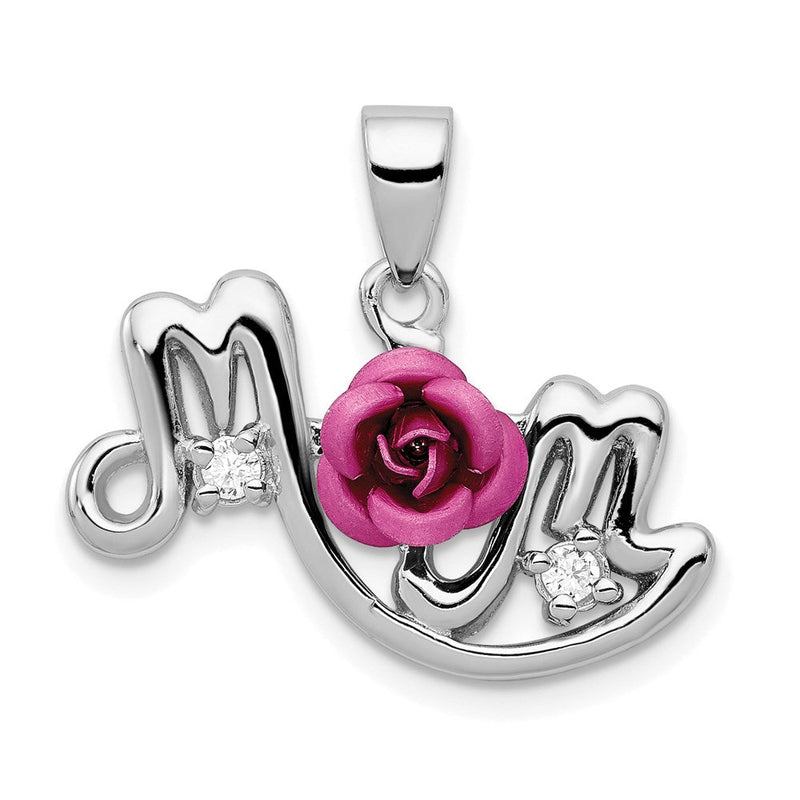 Sterlingsilber Rhodiniert Dyed Rosa Aluminum Rose/clear Zirkonia Mama Anhänger