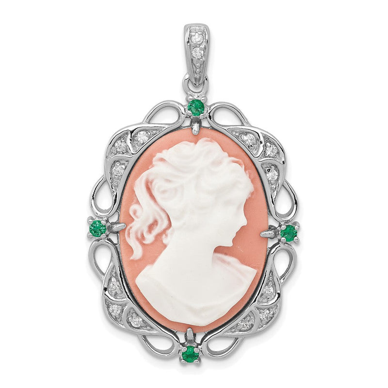Sterlingsilber Rhodiniert Filigran Rahmen mit Grün Glas und Klar Zirkonia Akzente Plastic Rosa Damen Cameo Anhänger