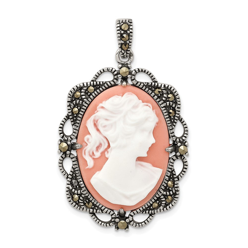 Sterlingsilber Antikisiert Markasit Plastic Rosa Cameo Anhänger