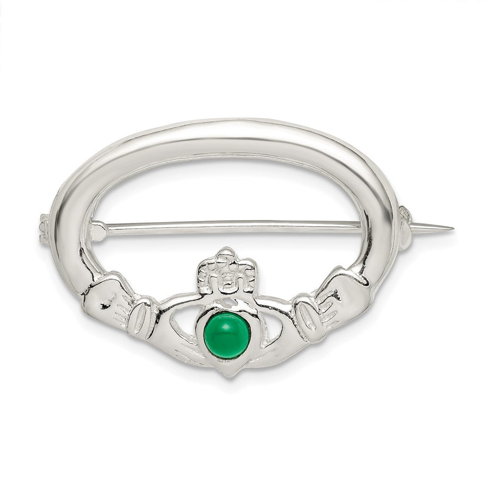 Sterlingsilber Poliert Grün Zirkonia Claddagh Brosche