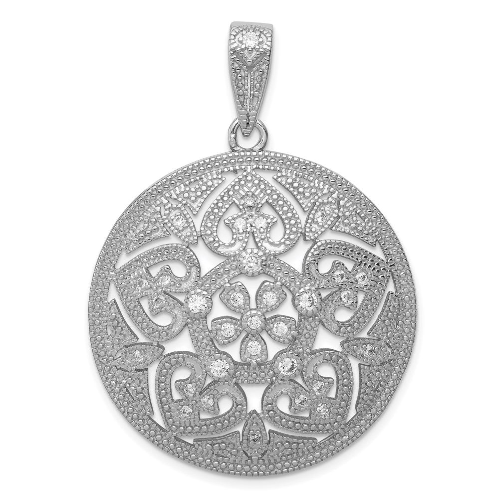 Sterlingsilber Rhodiniert Pavé Zirkonia Blumen Design Kreis Anhänger