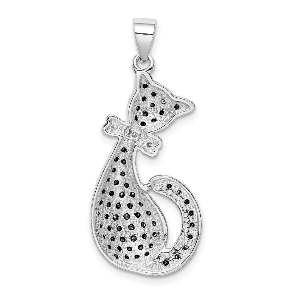 Sterlingsilber Rhodiniert Schwarz & Weiß Zirkonia Katze mit Schleife Anhänger