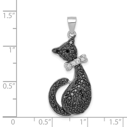 Sterlingsilber Rhodiniert Schwarz & Weiß Zirkonia Katze mit Schleife Anhänger