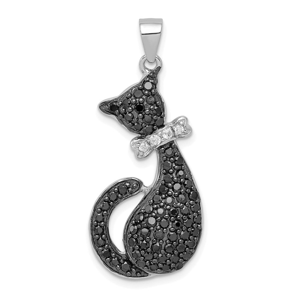 Sterlingsilber Rhodiniert Schwarz & Weiß Zirkonia Katze mit Schleife Anhänger