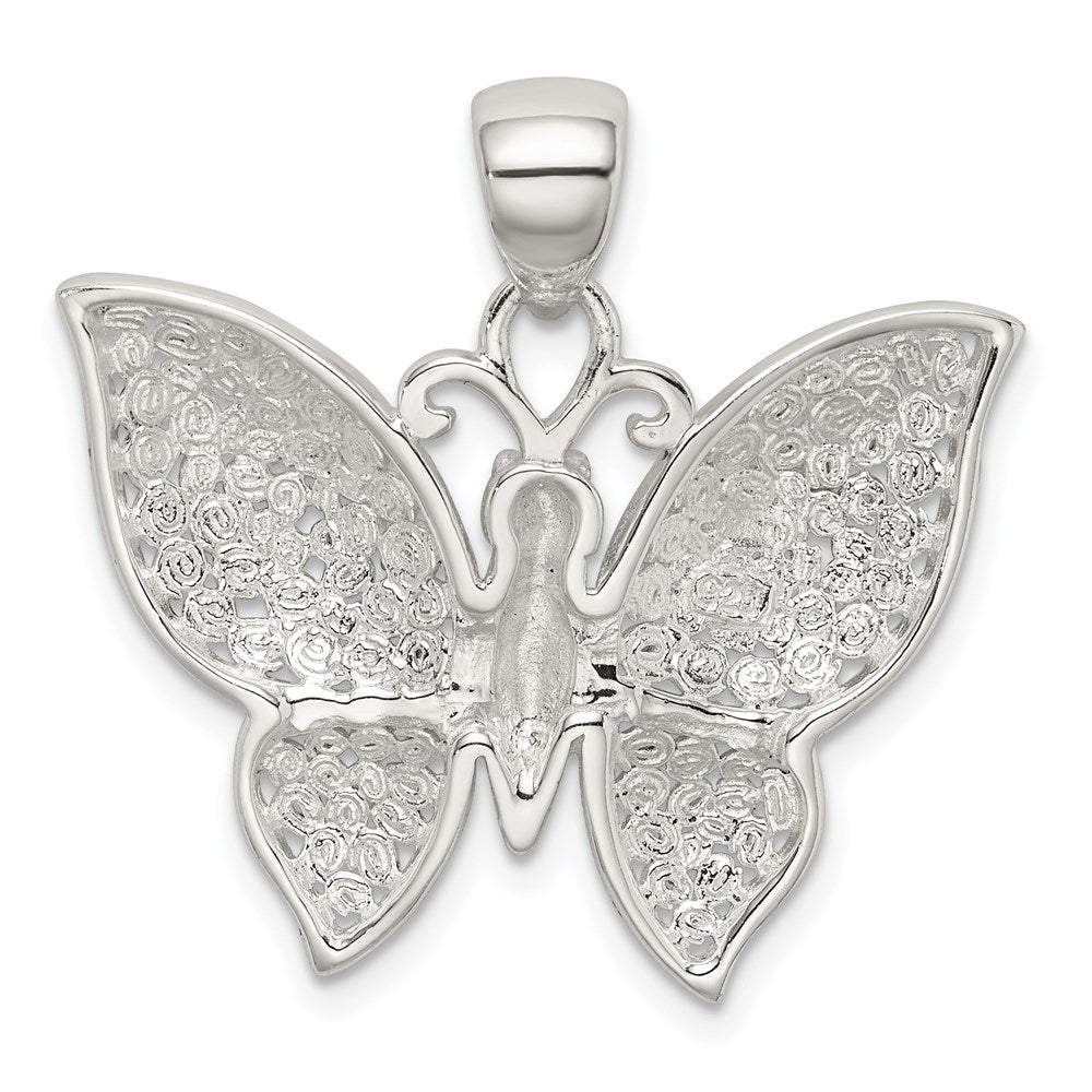 Sterlingsilber Rhodiniert Poliert/textured Schmetterling Anhänger