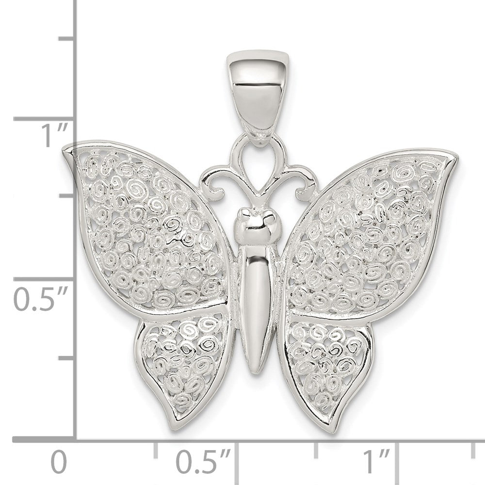 Sterlingsilber Rhodiniert Poliert/textured Schmetterling Anhänger