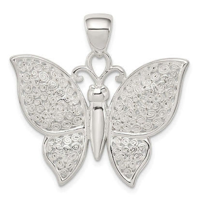 Sterlingsilber Rhodiniert Poliert/textured Schmetterling Anhänger