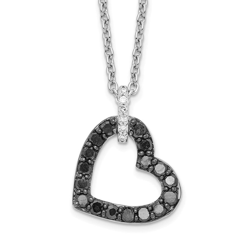 Sterlingsilber Weiß Nacht Rhodiniert Schwarz und Diamant Herz Halskette mit 2 Zoll Verlängerung